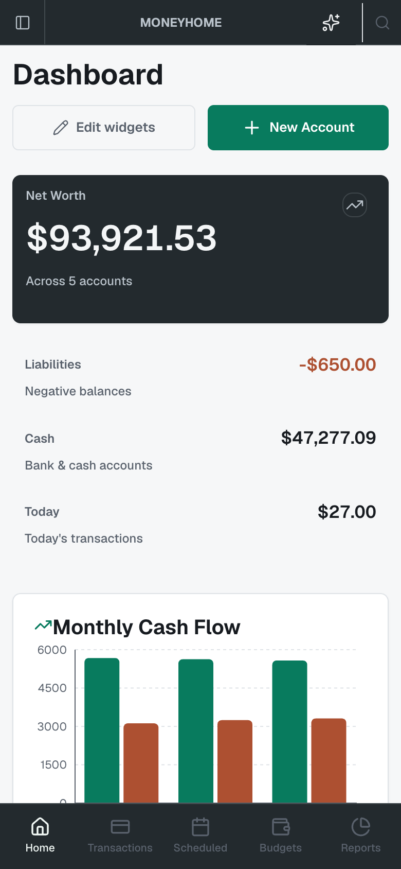 MoneyHome phone view for the same USD-led US household