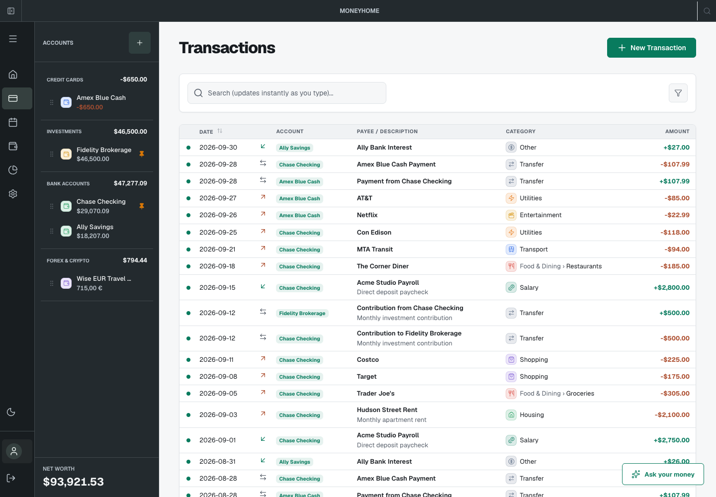 MoneyHome transactions page with a searchable US ledger and USD amounts
