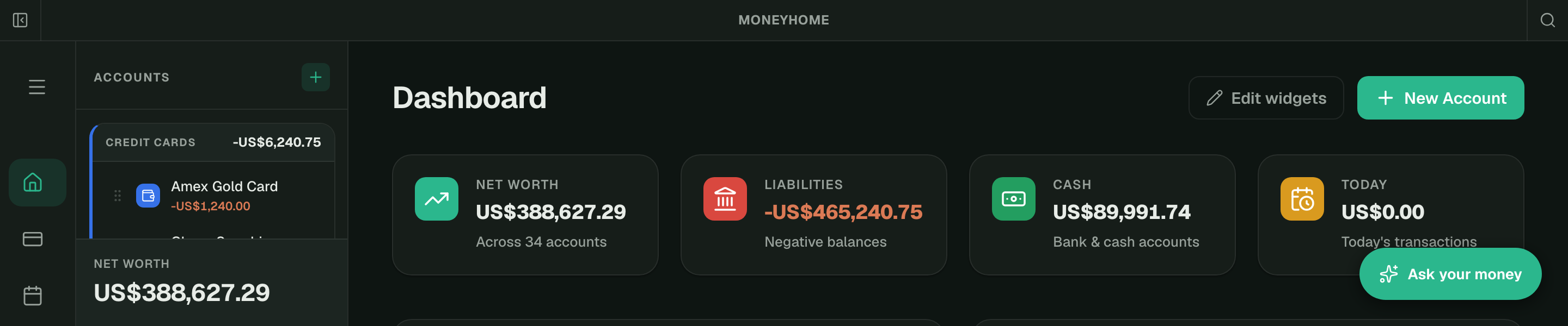 MoneyHome dashboard showing net worth, liabilities and cash at a glance