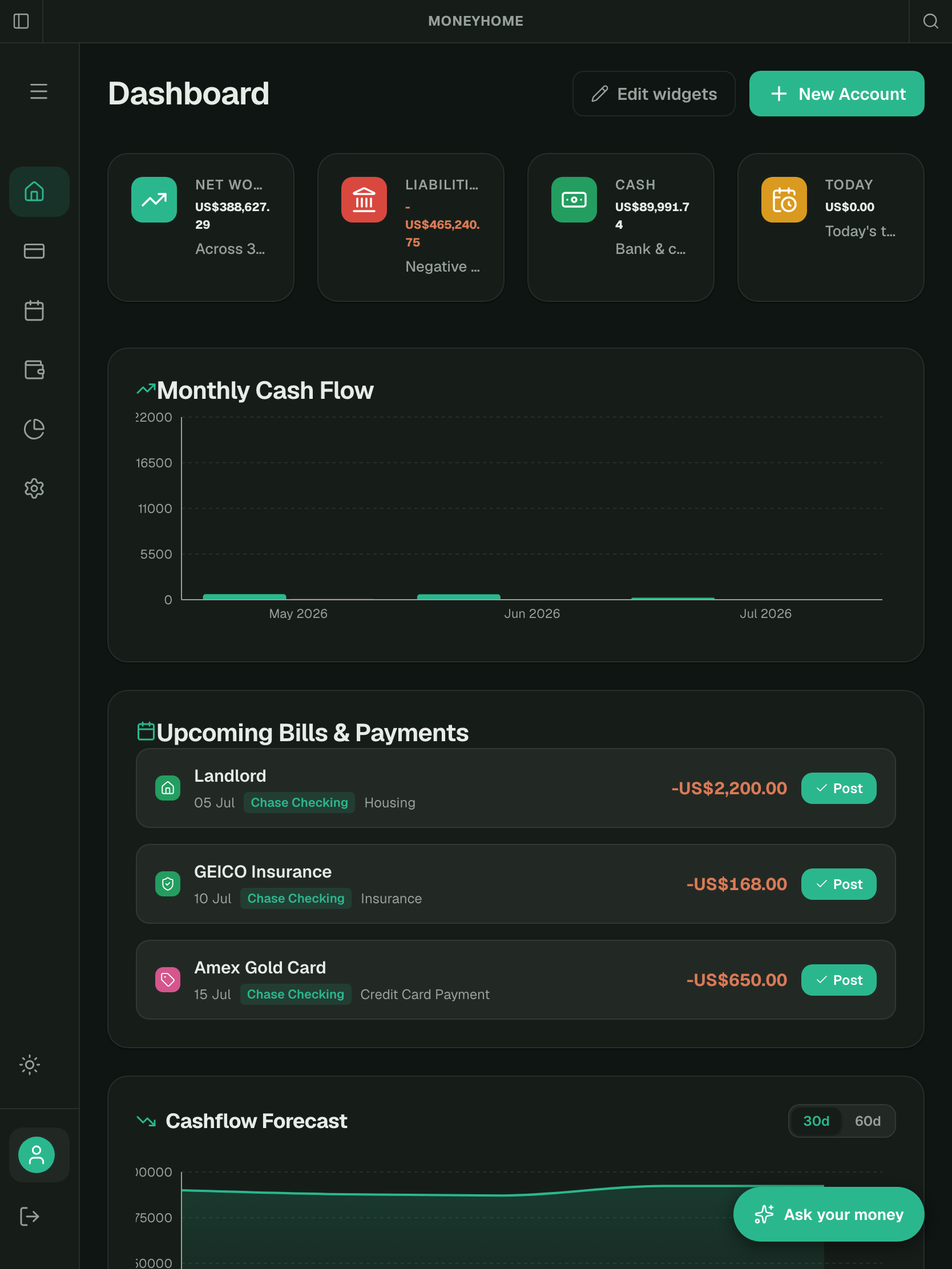 MoneyHome running on a tablet