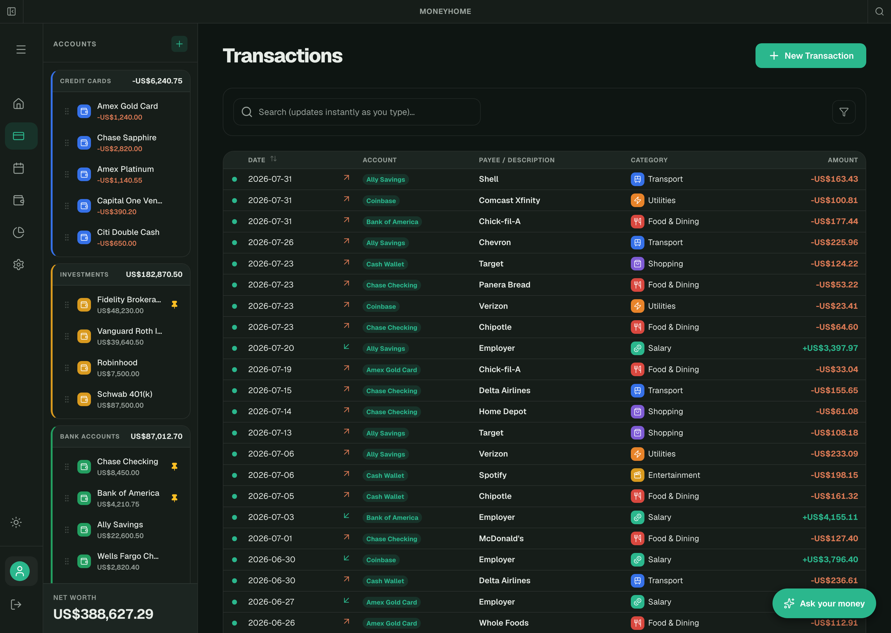 MoneyHome transactions screen: all accounts in the sidebar and a searchable transaction list